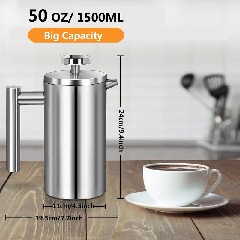 Meelio Stainless Steel French Press Coffee Maker 1500ml, Double-Wall Insulated Large French Coffee Press for travel campingï¼ŒLarge Capacity, ï¼ˆ50oz, Silverï¼‰ - Image 2